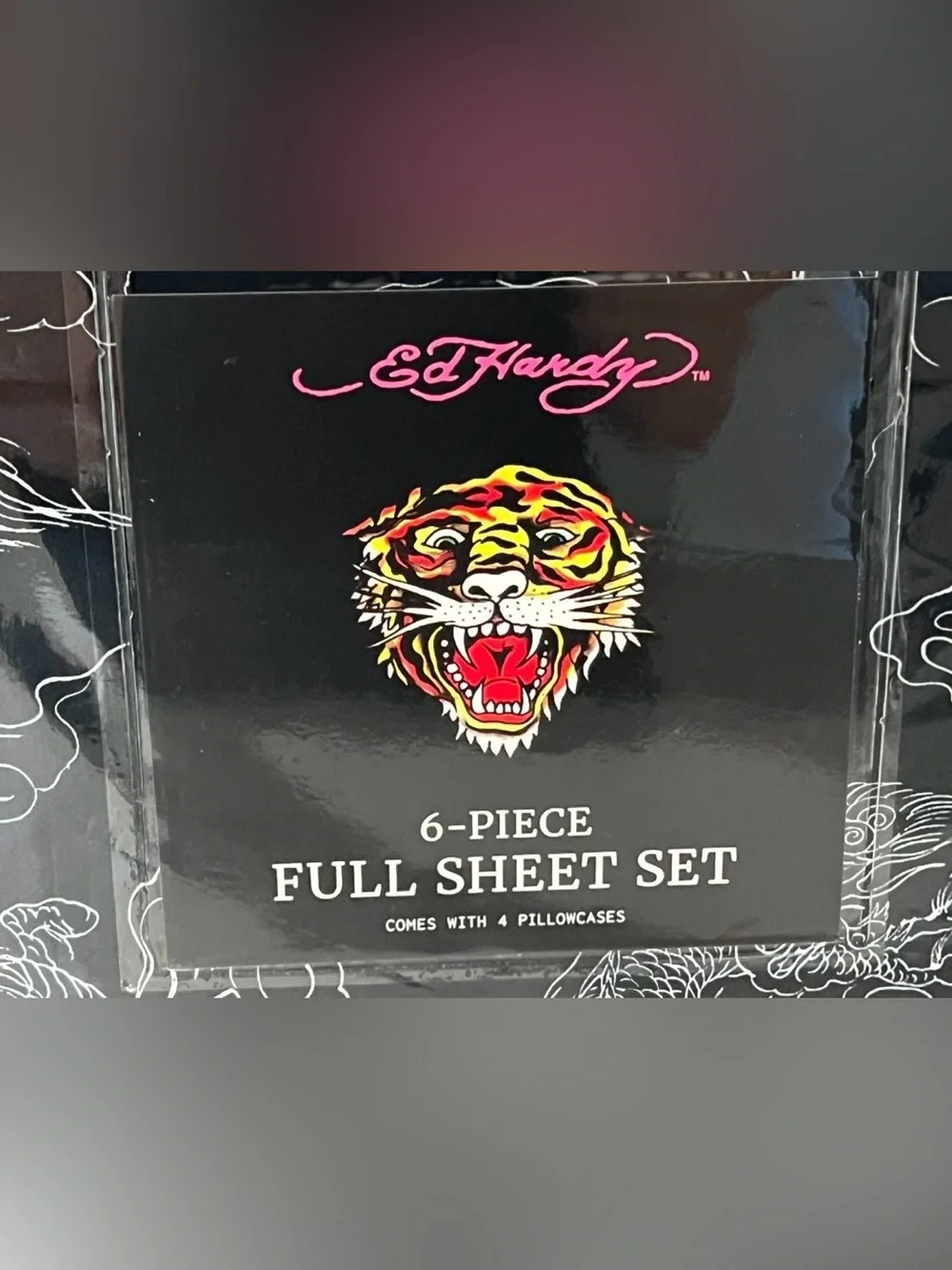 ED HARDY FULL Sheet Set 6pc New Black White Dragon Tattoo Grunge Y2K NIP Print